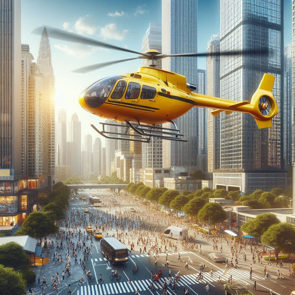 Helicopter above crowded urban environment