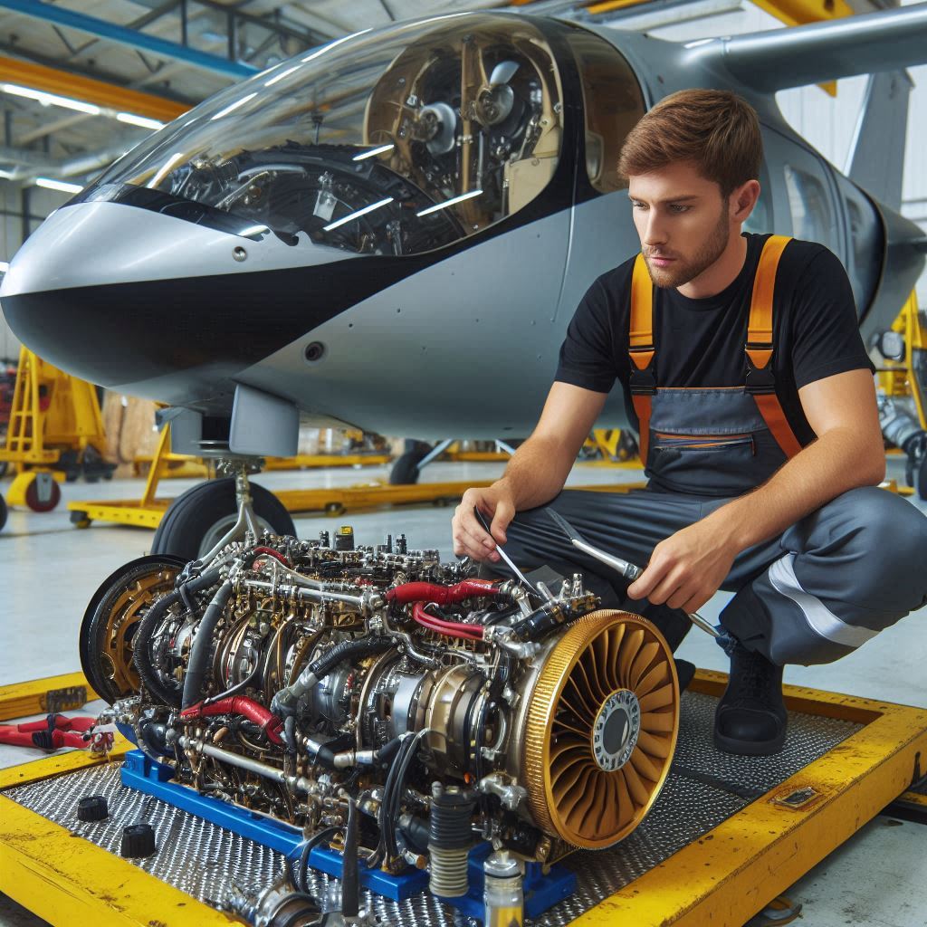 Engineer checking eVTOL aircraft engine for maintenance