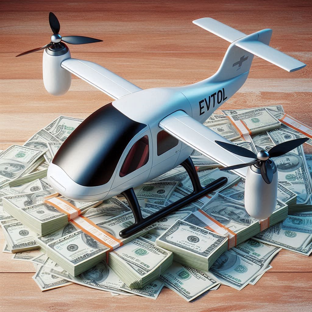 eVTOL on top of a large pile of dollar bills