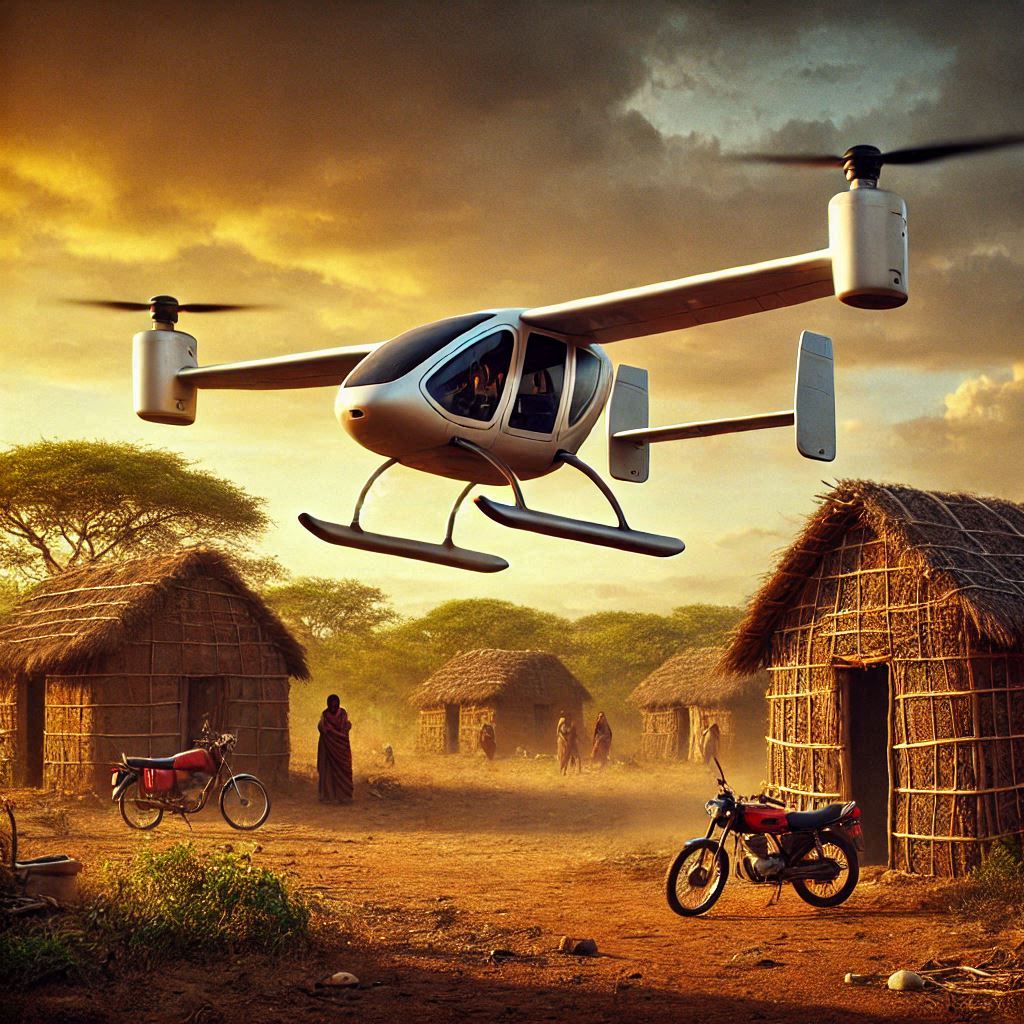 Powered lift aircraft landing in remote village in Africa