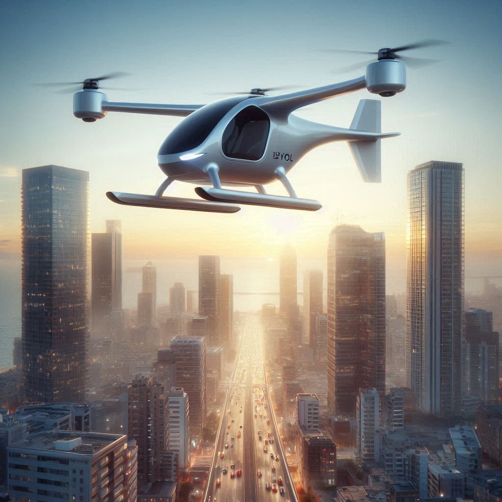 Powered Lift Aircraft Flying above crowded road city