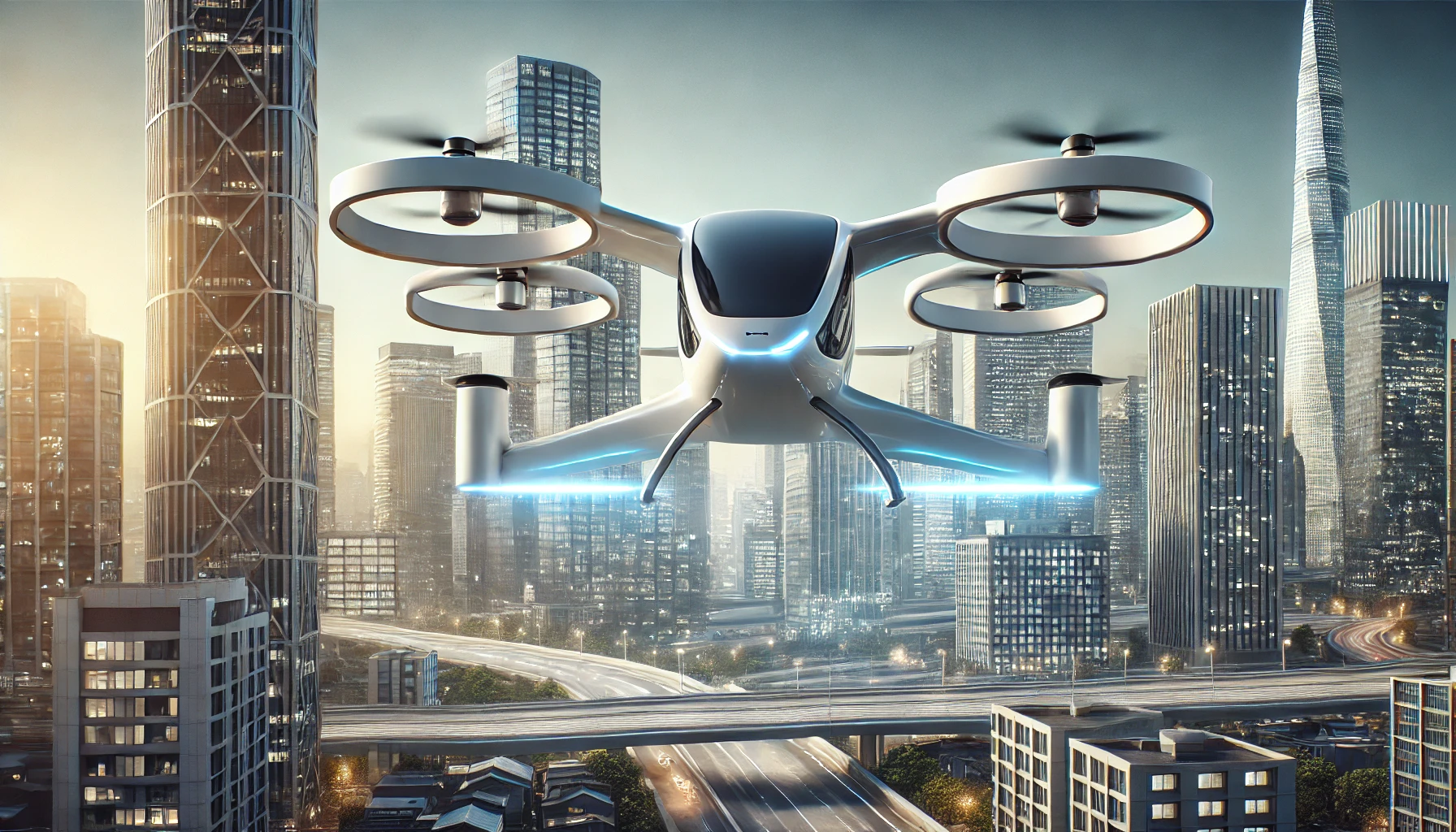 eVTOL hovering above city