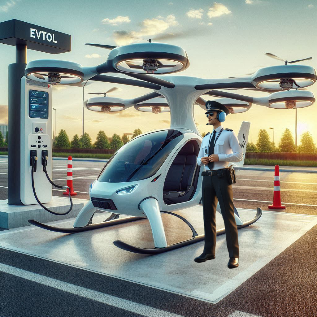 Pilot standing by evtol at a charging station