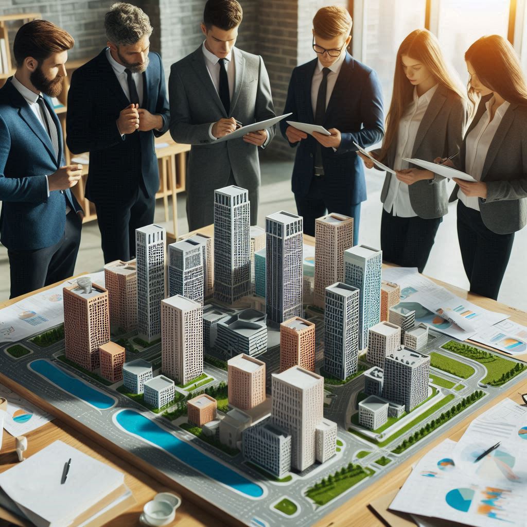 Urban Planners around a city building structure